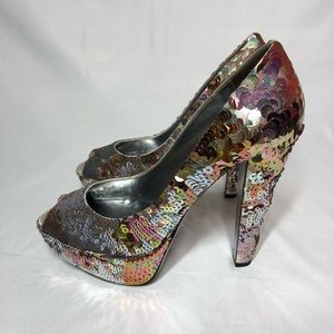 MIU MIU  Iridescent SEQUIN Platform Peep-Toe